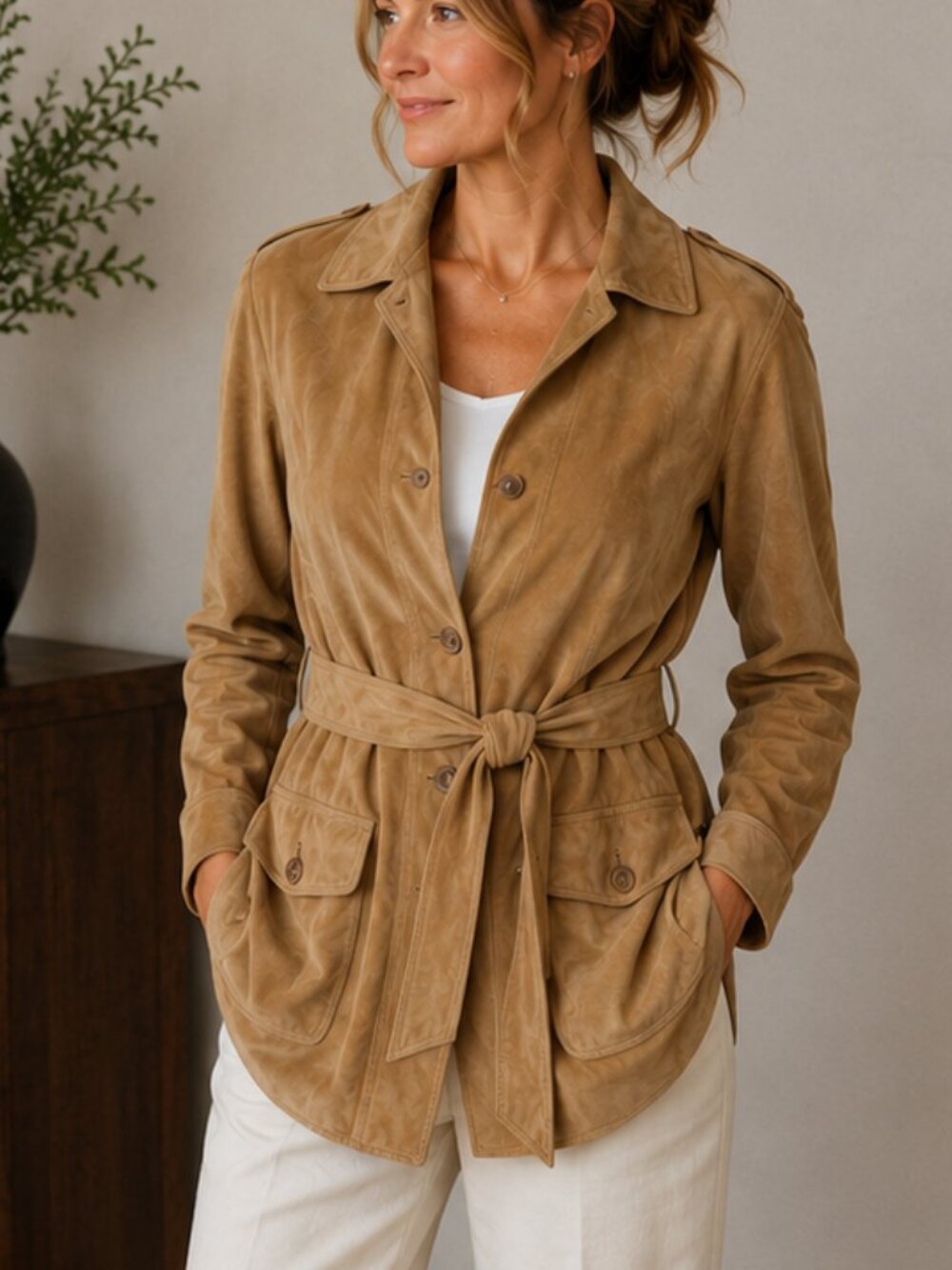 Claudia Sträter Goat Suede Belted Jacket Camel Safari Coat EU 44
